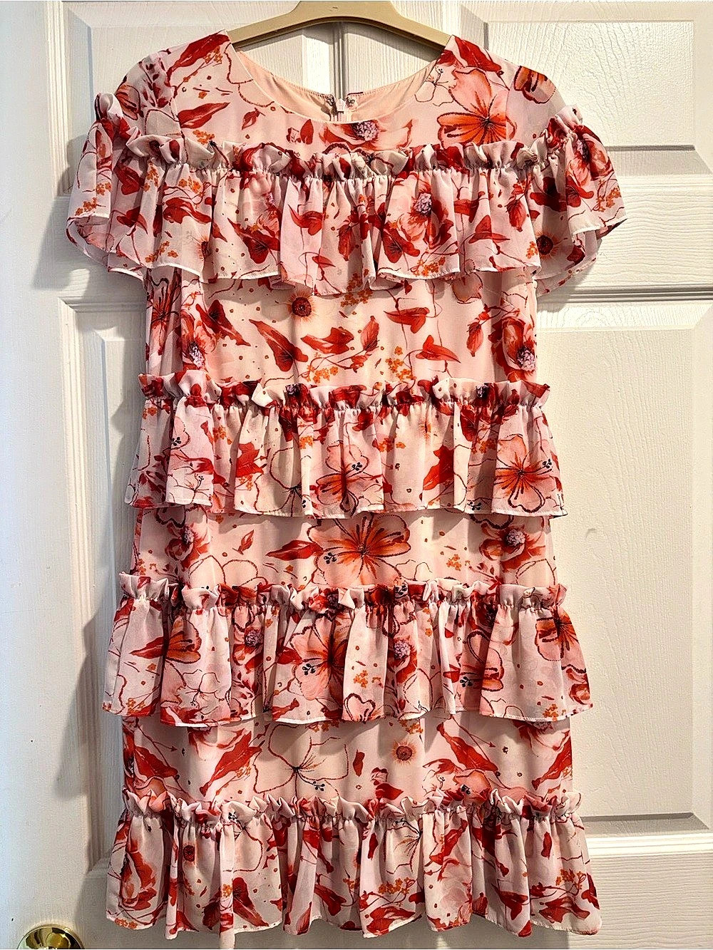 Badgley Mischka Floral Ruffle Mini Dress in Pink & Red Size 6